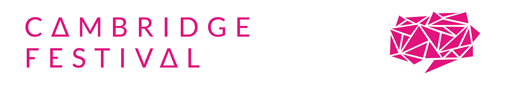 Cambridge Festival banner with pink writing and a tessellated graphic