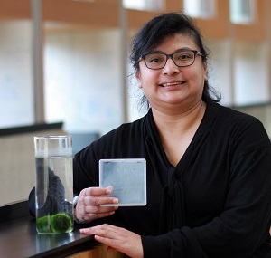 Dora Cano-Ramirez with two of her research subjects - Arabidopsis and Marimo moss balls