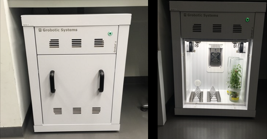 Grobotic Systems growth chamber - external photo on left and door open on right showing shelving