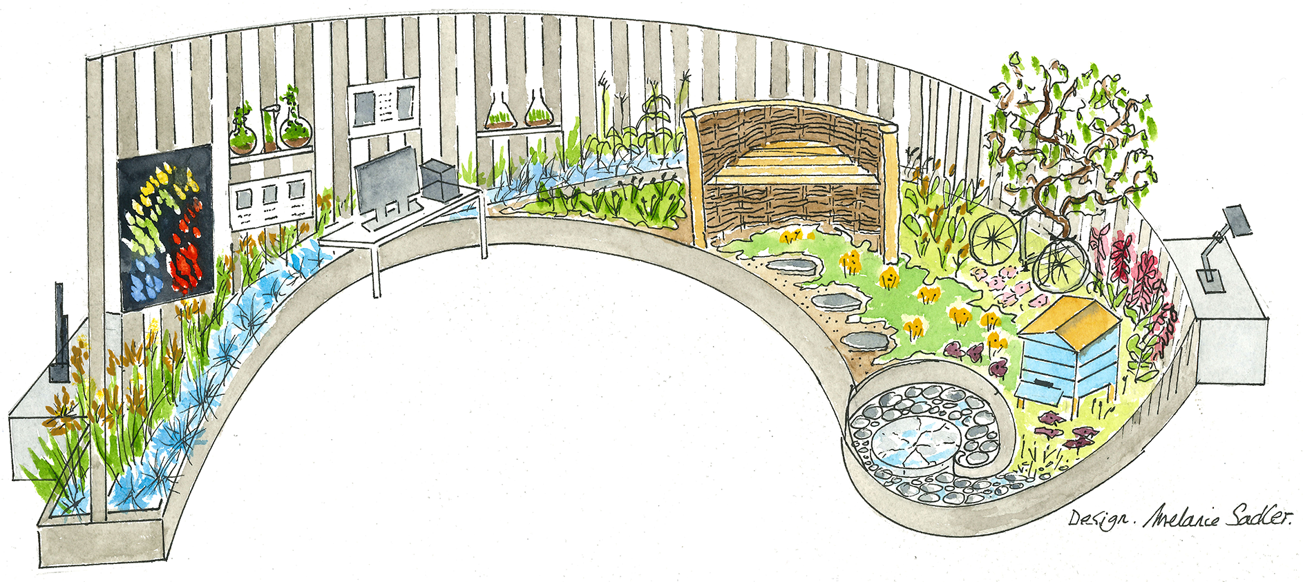 Illustration of the Sainsbury Laboratory Cambridge Blooming Numbers exhibit for the RHS Chelsea Flower Show 2025. Illustration by Melanie Sadler.