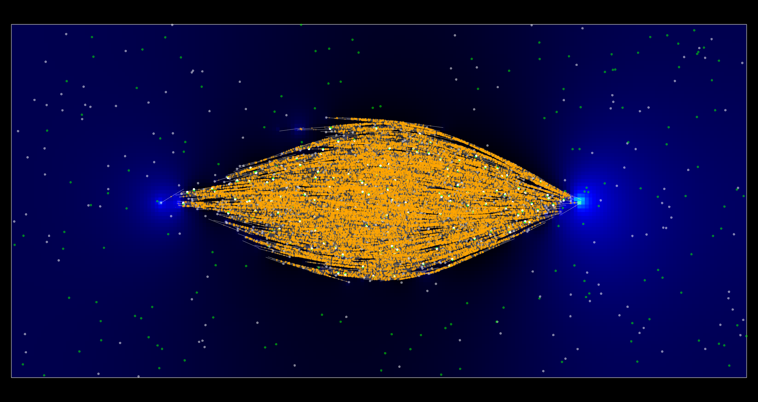 Meiotic spindle simulation showing microtubules (white) and cross-linking kinesins (orange). Copyright Francois Nedelec