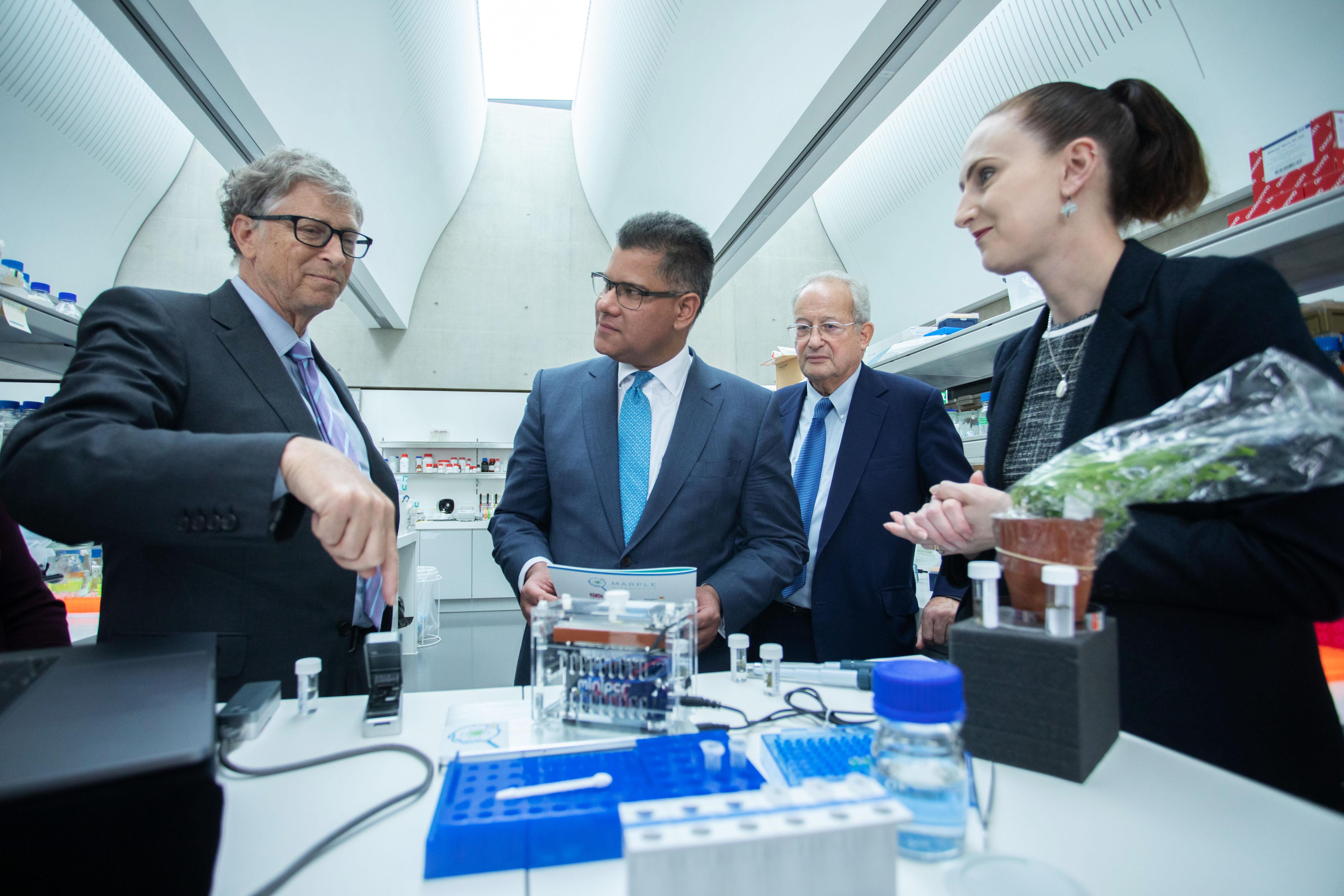 Diane Saunders (TSL) discusses her wheat rust diagnosis kit with Bill Gates, Alok  Sharma and Lord Sainsbury.