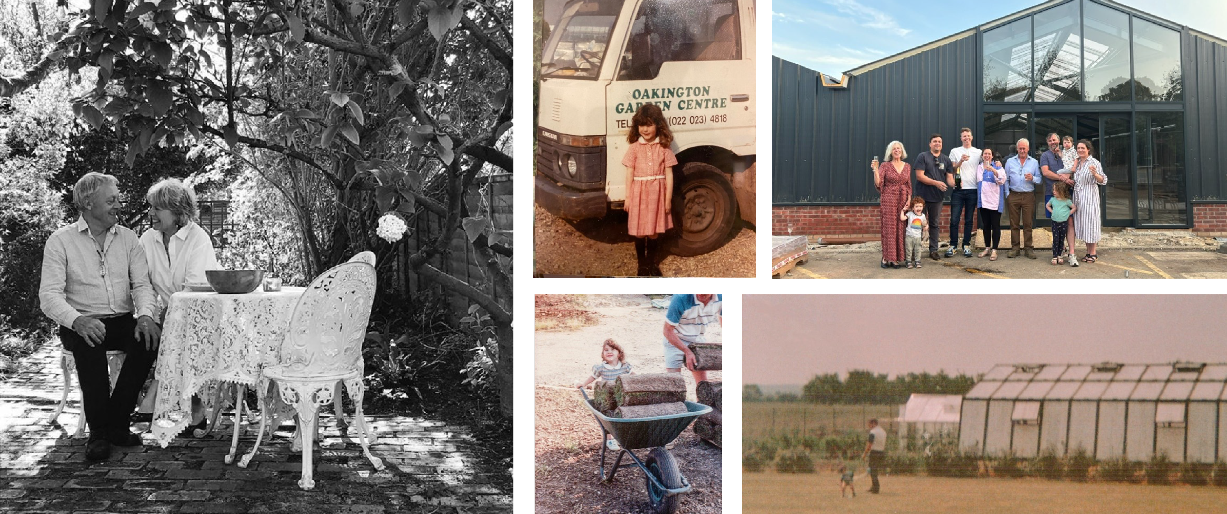 Collage of photos of the Sadler family's Oakington Garden Centre from over time.