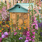 Light blue painted insect hotel created from a vintage bee hive surrounded by foxgloves and other cottage style plants in pastel colours.