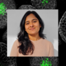 Dr Sonal Yadav with background of microscopy image of shoot meristem of Arabidopsis thaliana