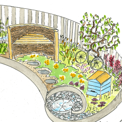 Illustration of the Sainsbury Laboratory Cambridge Blooming Numbers exhibit for the RHS Chelsea Flower Show 2025. Illustration by Melanie Sadler.